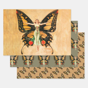 Flapper Butterfly Flying Frauan Illustration Geschenkpapier Set