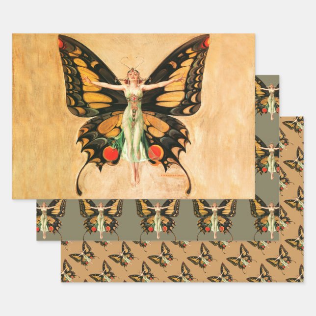 Flapper Butterfly Flying Frauan Illustration Geschenkpapier Set (Set)