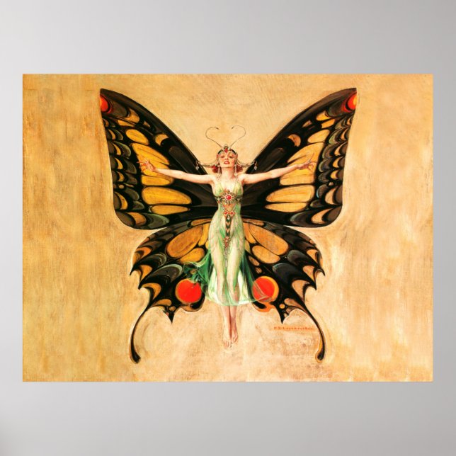 Flapper Butterfly Flying Frauan Illustration Poster (Vorne)