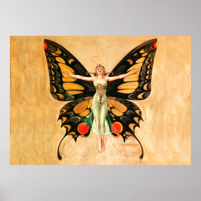 Flapper Butterfly Flying Frauan Illustration Poster (Vorne)
