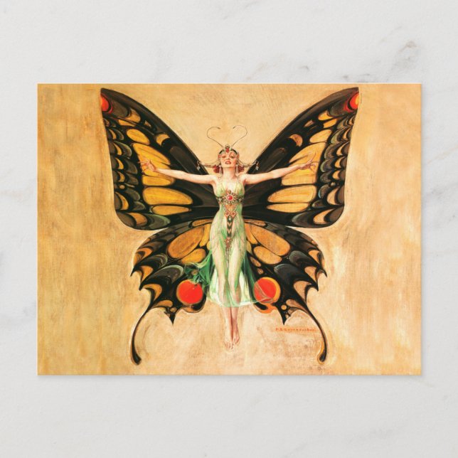 Flapper Butterfly Flying Frauan Illustration Postkarte (Vorderseite)