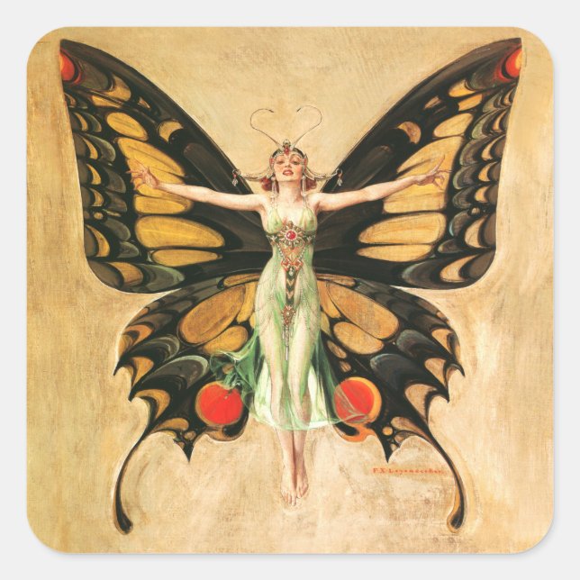 Flapper Butterfly Flying Frauan Illustration Quadratischer Aufkleber (Vorderseite)