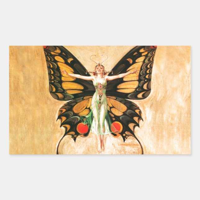 Flapper Butterfly Flying Frauan Illustration Rechteckiger Aufkleber (Vorderseite)