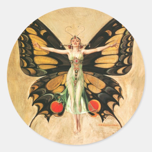 Flapper Butterfly Flying Frauan Illustration Runder Aufkleber (Vorderseite)