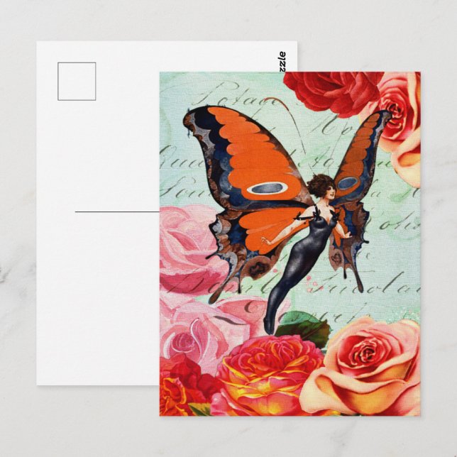 Flapper Butterfly Rose Vintages Design Postkarte (Vorne/Hinten)
