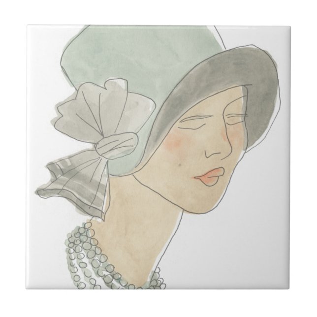 Flapper Fashion Sketch - Frau mit Hut Fliese (Vorderseite)