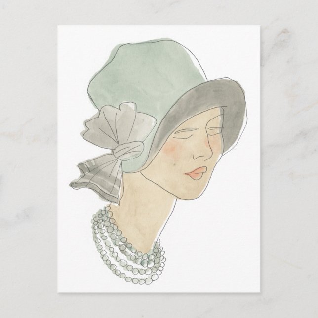 Flapper Fashion Sketch - Frau mit Hut Postkarte (Vorderseite)