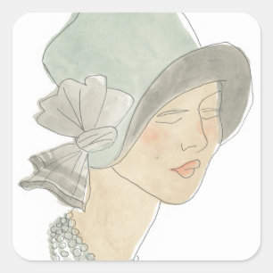 Flapper Fashion Sketch - Frau mit Hut Quadratischer Aufkleber