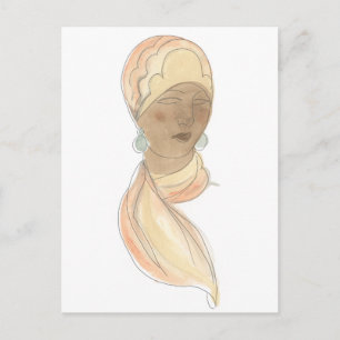 Flapper Fashion Sketch - Frau mit Scarf Postkarte