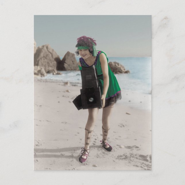 Flapper Fotograf am Strand Postkarte (Vorderseite)