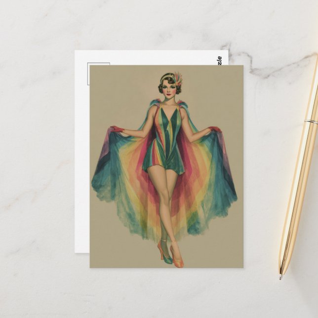 Flapper Frau in einem Regenbogenkappen und Kleid Postkarte (Vorderseite/Rückseite Beispiel)