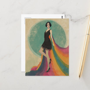 Flapper Frau in einem Regenbogenkappen und schwarz Postkarte