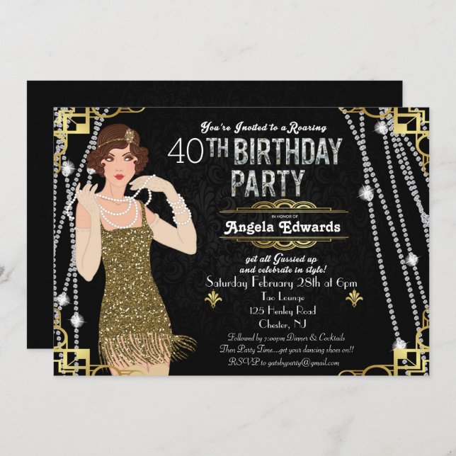 Flapper Girl Birthday Einladung (Vorne/Hinten)