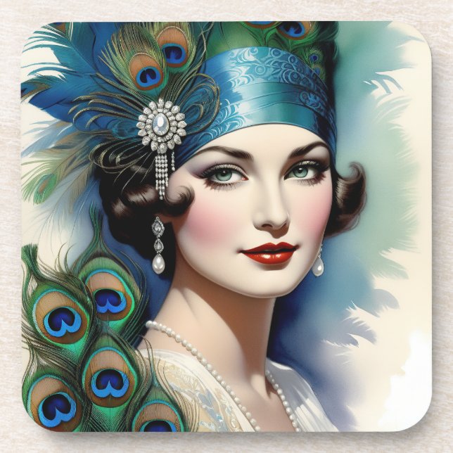 Flapper Girl Peacock Untersetzer Set der 1920er Ja (Vorderseite)