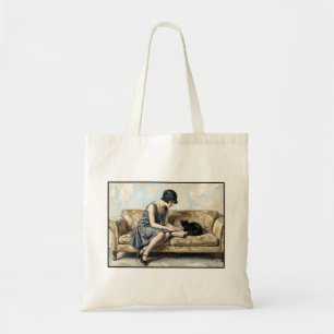Flapper-Mädchen beim Lesen Ölbild Kunst Buchliebha Tragetasche