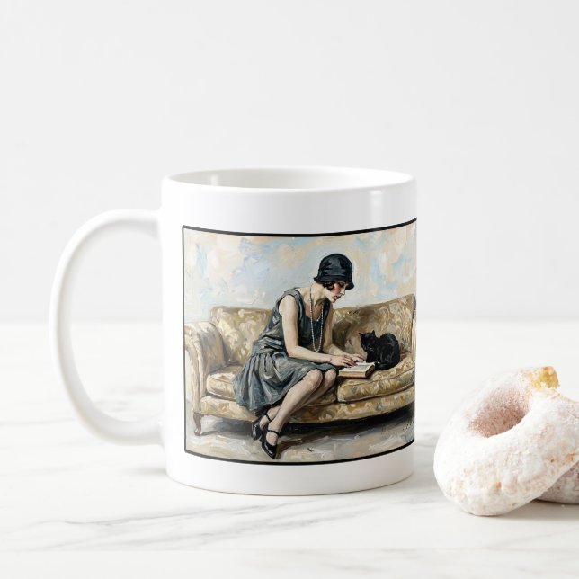 Flapper Reading a book with a black cat Literature Kaffeetasse (Mit Donut)
