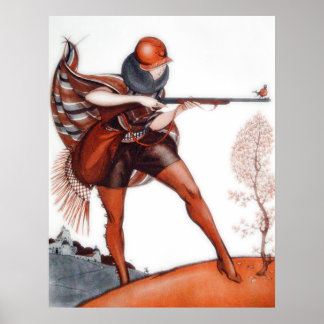 Flapper Woman in Cloche Hat Bird Junting Poster