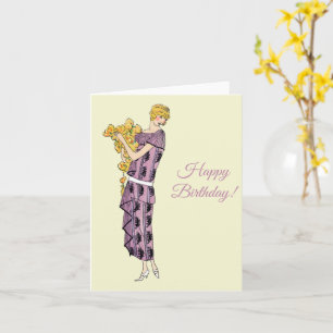 Flapper woman mit Blume, Happy Birthday Karte