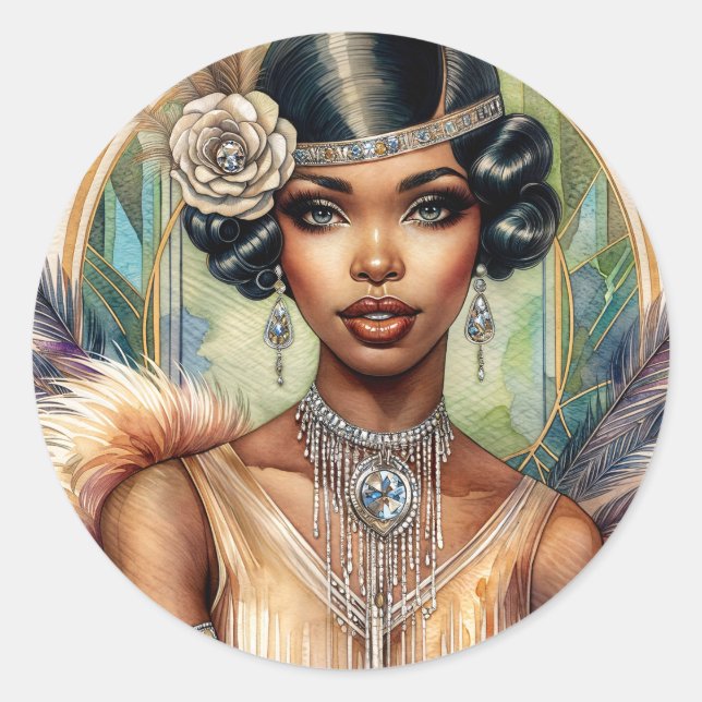 Flapper Woman Roaring Zwanziger Glamour Runder Aufkleber (Vorderseite)