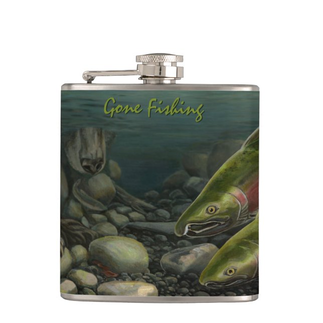 Flasche für den Fischfang Gedeckter Lachs Flachmann (Vorderseite)