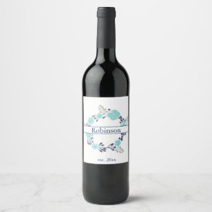 Flasche mit aquamarinem und Navy Blue Floral Wreat Weinetikett