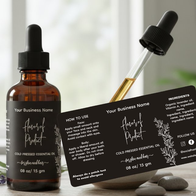 Flasche mit ätherischem Öl Botanical Black Etikett (Von Creator hochgeladen)