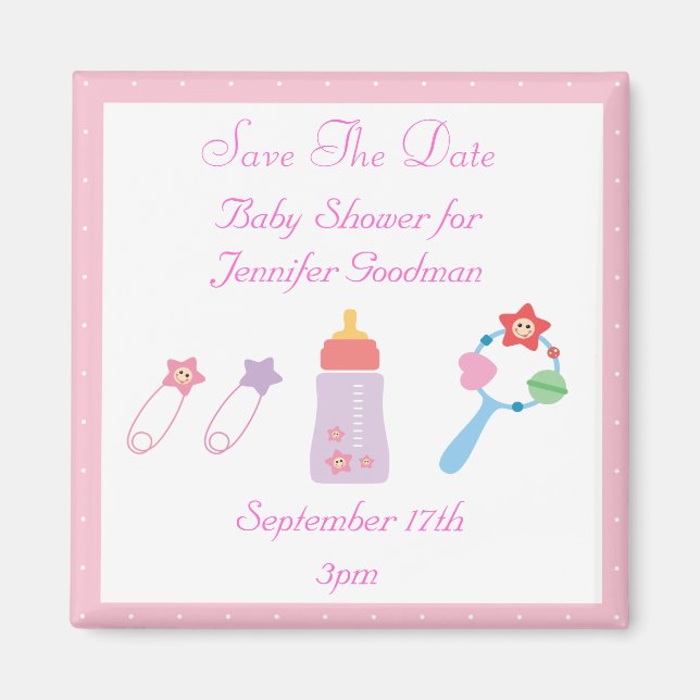 Flasche & Rattle Pink Save the Date Kinderdusche Magnet (Vorne)