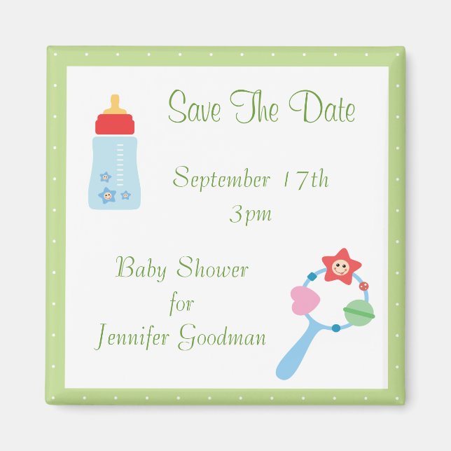 Flasche & Rattle Save the Date Kinderdusche Magnet (Vorne)