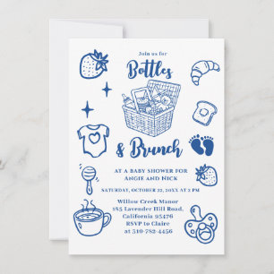 Flaschen & Brunch Kritzelei Blauer Junge Babyparty Einladung