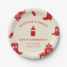 Flaschen & Stiefel Cowboy Retro Red Baby Dusche Pappteller