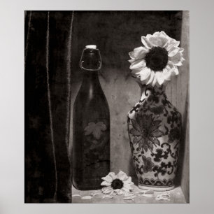 Flaschen-und Blumen-Vase in Schwarzweiss Poster