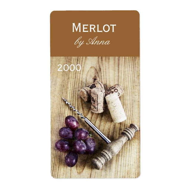 Flaschenetikett für Korken, Korkenzieher und Traub (Vorne)