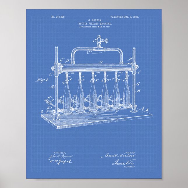 Flaschenfüllmaschine 1903 Patentart Blueprint Poster (Vorne)