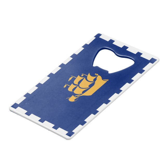 Flaschenöffner aus Edelstahl mit Flagge von Quebec (Rückseite Schrägansicht)