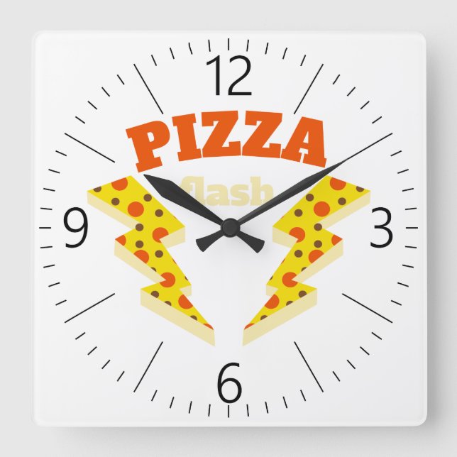 Flash Pizza Quadratische Wanduhr (Vorderseite)