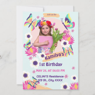 Flat Butterfly zum Geburtstag Einladung mit Foto