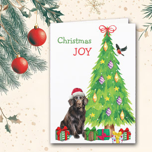 Flat Coated Retriever Dog, Bird and Christmas Tree Feiertagskarte