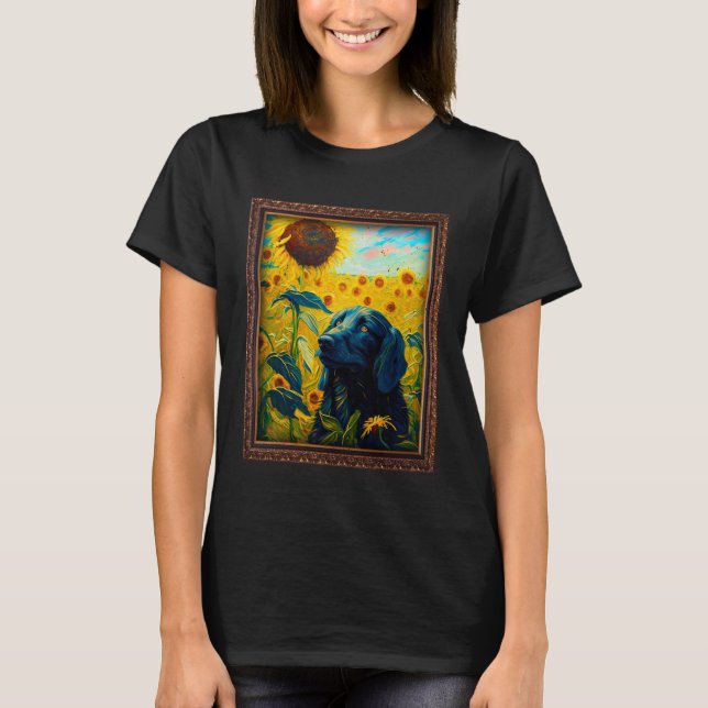 Flat Coated Retriever Painting Sunflower Flower Mo T-Shirt (Vorderseite)