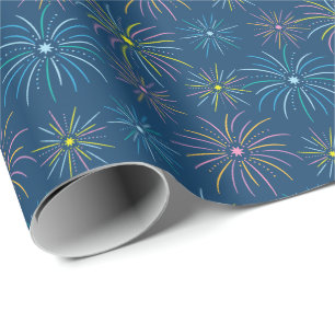 Flat Colorful New Year Fireworks Muster - Blau Geschenkpapier