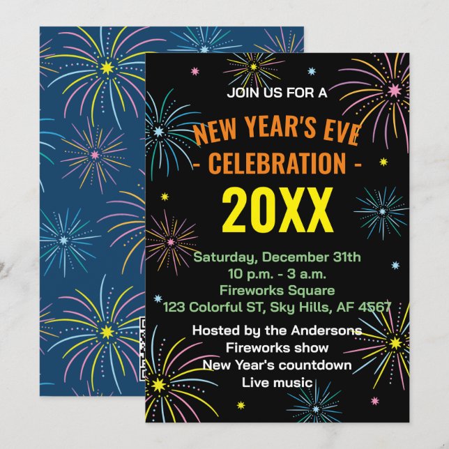 Flat Colorful Silvester Party Einladung (Vorne/Hinten)