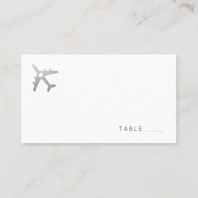 Flat-Platzkarte mit Silver Travel Theme Airplane Platzkarte (Vorderseite)