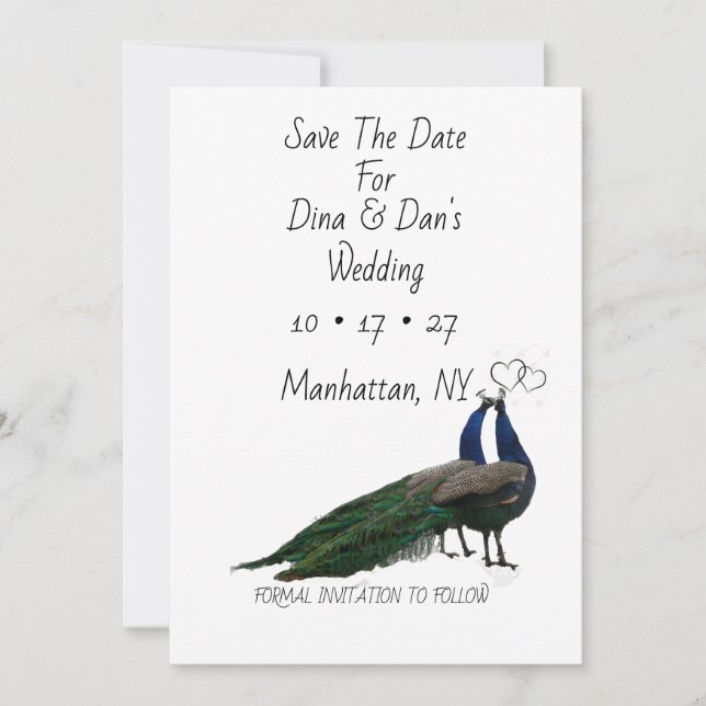 Flat Save the Date Card mit Peacock Pair (Vorderseite)
