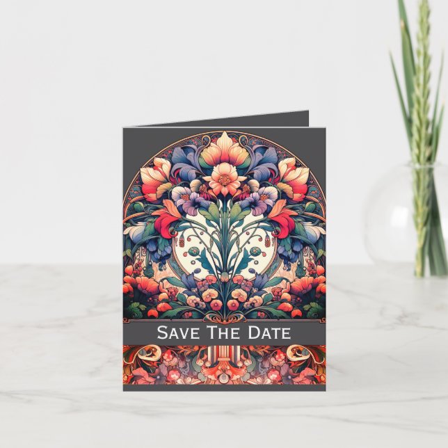 Flat Save the Date geklappte Karte Mucha Style (Vorderseite)