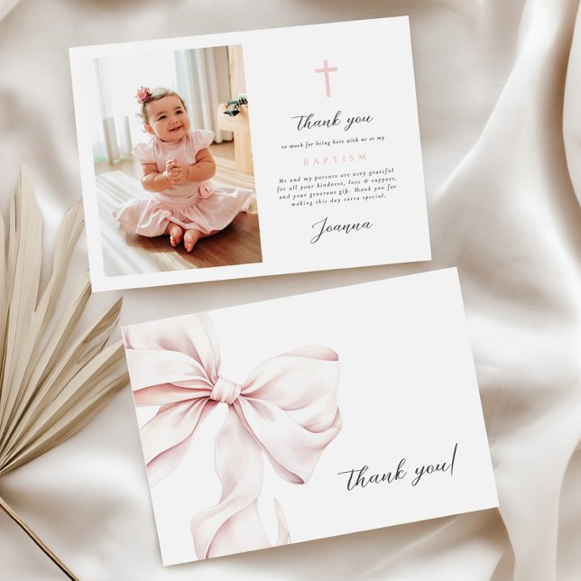 Flat Thank You Card Pink Bow With Photo Dankeskarte (Von Creator hochgeladen)