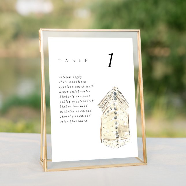 Flatiron Building New York Wedding Seating Chart (Watercolor Flatiron Hotel chic New York City skyline wedding table number cards.)