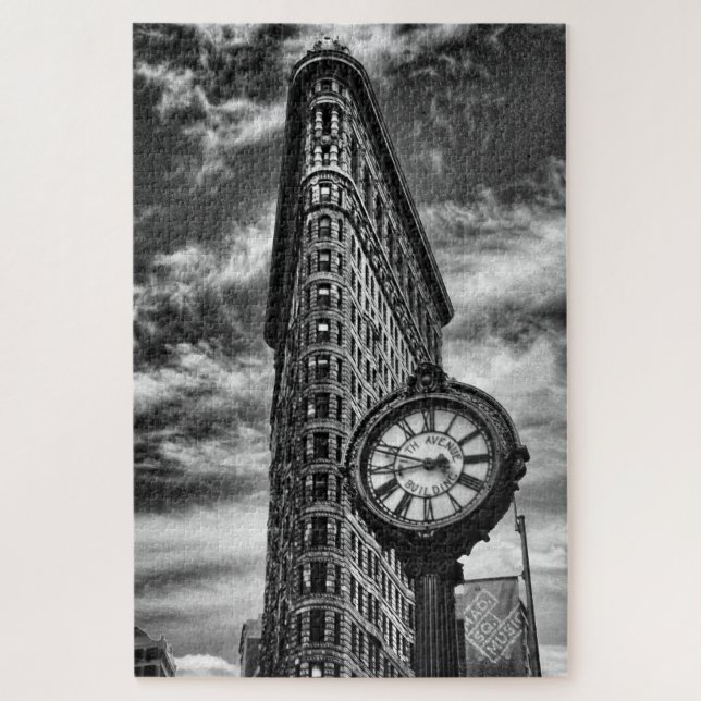 Flatiron Gebäude und Uhr in Schwarz und Weiß Puzzle (Vertikal)