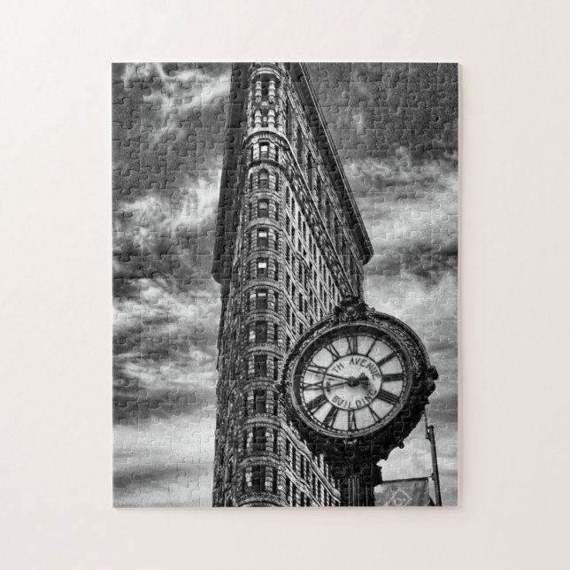 Flatiron Gebäude und Uhr in Schwarz und Weiß Puzzle (Vertikal)