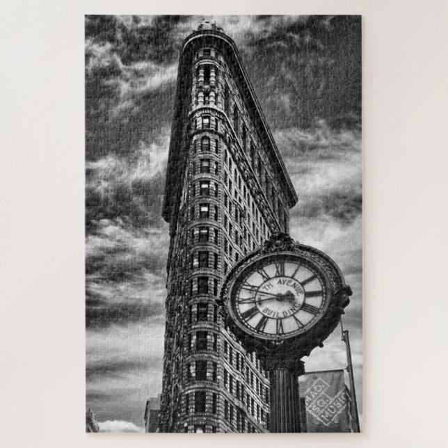 Flatiron Gebäude und Uhr in Schwarz und Weiß Puzzle (Vertikal)