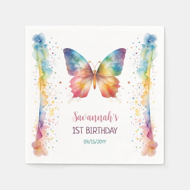 Flatter Über Regenbogen Schmetterling 1. Geburtsta Serviette (Vorderseite)