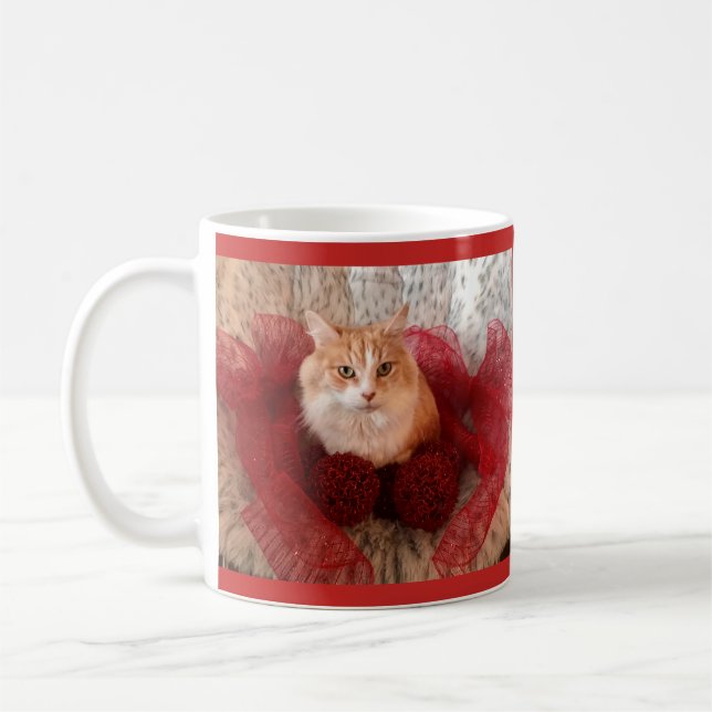Flaumige Katze und rote Band-Tasse Kaffeetasse (Links)